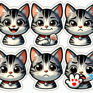 Create a sticker pack for me featuring a cute gray-and-white kit...