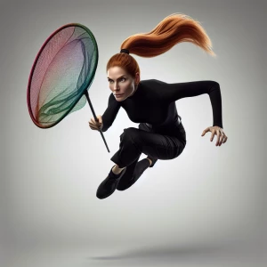 Ginger haired ponytail  woman in black facing camera  flying thr...