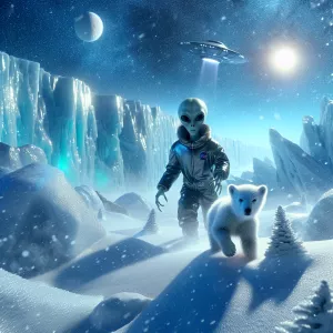 young alien runs next to a polar bear cub in a snowstorm in the...