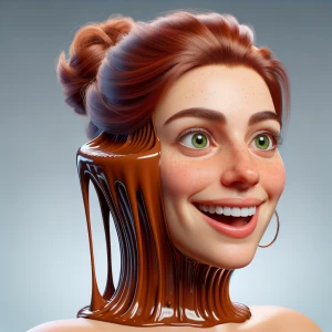 Create a hyper-realistic image of a woman with chocolate pudding...