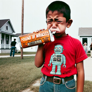 Generate a film photograph from 1974 in Nebraska. A 10-year-old...