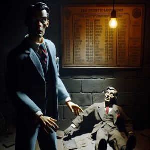 "In a stop-motion fraternity basement, where only a single flickering lightbulb sways overhead, the protagonist stands frozen mid-turn as he notices something in the shadows. A disheveled stop-motion figure sits slumped in the corner, his suit tattered, his golden fraternity pin discarded at his feet. His gloved hands tremble, and his carved wooden eyes stare blankly at the floor. On the wall behind him, a plaque listing past fraternity members ends abruptly—his name is the last, but it is partially scratched out. The protagonist, still in his pristine suit, realizes: this man was once in his place."