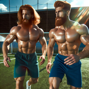 Two beefy bodybuilders shirtless ginger hairy chest bearded on t...
