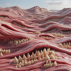 Generate an image of a surreal landscape with terrain sculpted f...