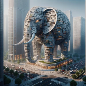 Create a 3D image of a building designed in the shape of an Elep...