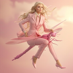 A beautiful blonde dressed in a pink business suit riding a pink...