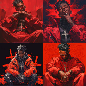 "The rapper 21 Savage with tattoo of a cross on the foreheadand...