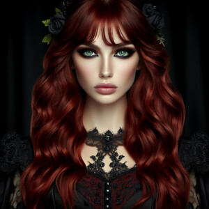 A beautiful lady, long red wavy hair with bangs, green eyes, ele...
