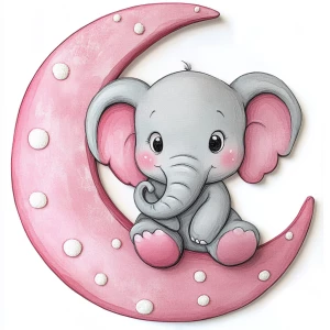 A cute, cartoon elephant sits on a stylized, rosy-pink crescent moon. The elephant is light gray with large, round, pink-spotted ears.  Its body is round and its trunk is curled gently upward.  The elephant's eyes are large and round, and its facial expression is happy and friendly. The elephant's legs and feet are visible, and its posture is relaxed, sitting. The moon is a soft, shaded pink, with watercolor-like texture and subtle shading. The background is white. The image is in a child-friendly style, showcasing delicate line work and color palettes. The composition is centered on the elephant, which is positioned on the moon. The overall style is sweet, whimsical, and reminiscent of children's book illustrations.  The colors are pastel and soothing, creating a gentle atmosphere.  Small, white polka dots accentuate the elephant's ears and trunk, enhancing the adorable aesthetic.