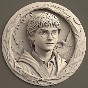 Design a grayscale 3D bas-relief of Harry potter, featuring soft...