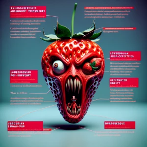 Anthropomorphic strawberry with an exaggerated menacing expressi...