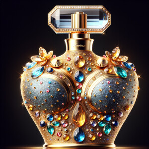 Create a 3-D realistic gold and blue, colorful jewels perfume b...
