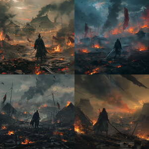 A lone swordsman standing on the rubbles of destroyed huts, surr...