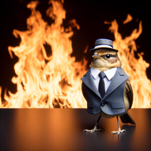 Bird in business suit and hat stay in flame