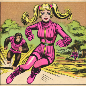 Comic book style blonde in pink unitard, pig tails. Boots, glove...