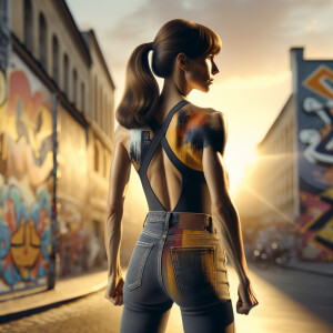 Athletic Thin skinny Attractive, Asian teenage girl, long brown hair and bangs, wearing tight skinny jeans and a halter top paint marks on her clothing, heroic pose Asian graffiti background, backside view