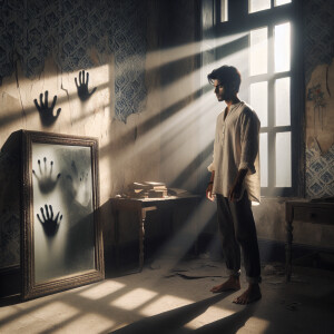 A modern but abandoned room in which a man stands and looks at a...