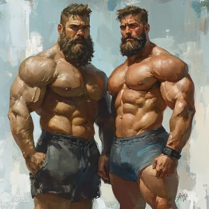 bodybuilder men stand side by side. Both have thick, full beards...