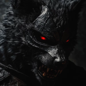 Black werewolf with red eyes wearing a hockey mask