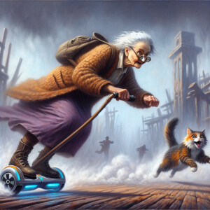 A rustic but yet whimsical old lady riding a hoverboard chasing...