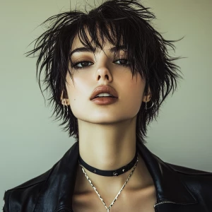 a woman, look to the camera, close up photo, Shaggy cut Hairstyl...