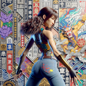 Athletic Thin skinny Attractive, Asian teenage girl, long brown hair and bangs, wearing tight skinny jeans and a halter top paint marks on her clothing, heroic pose Asian graffiti background, backside view