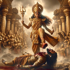 portrait of angry looking, indian goddess trampling a defeated m...