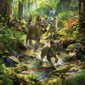 Wolf puppies are running past a group of frogs.