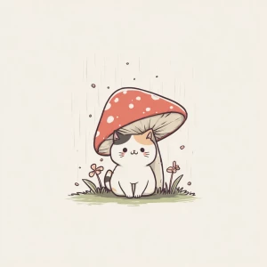 Small cat under mushroom, kawaii style, white background