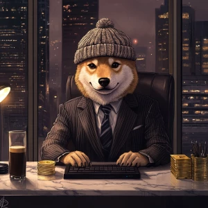 Dogwifhat meme Shiba Inu wearing a sleek pinstripe banker suit a...