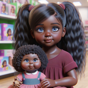 Create a 3-D realistic image of an African-American little girl above the age of five she has huge, blue eyes and thick long ponytails.
She is in a toy store and she is playing with her favorite african-American Cabbage Patch doll , the doll has deep, dimples and freckles