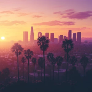 Create an image of a stunning Los Angeles cityscape at sunset, h...