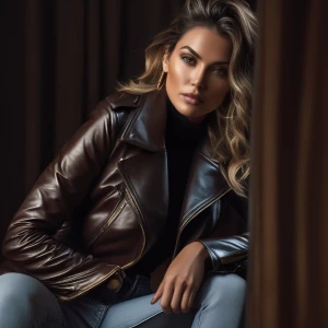 A stylish woman in a leather jacket, her face illuminated by a single, strong light source from the side, casting bold shadows