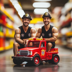The image features two muscular men dressed as firefighters, joy...