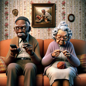 Digital art, a stylized African-American elderly couple wearing...
