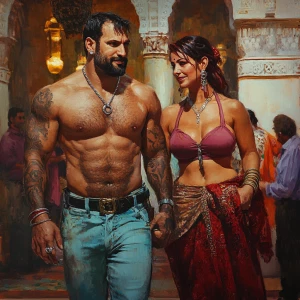 Fantasy painting.A sweaty beefy man walking with his 54 year old...