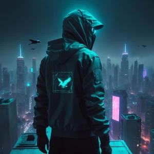 'The Signal Hacker' — a cyberpunk rebel in a hooded nano-fiber j...