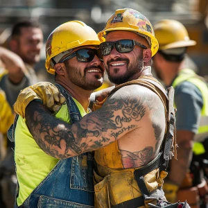 Generate an image showing a group of muscular, tattooed construc...