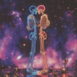 2 men, hugging in the vast cosmos, surrounded by the infinite ex...