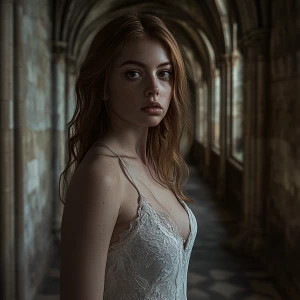 A dimly lit gothic cathedral hallway with intricate stone and we...