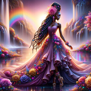 Remix Prompt
S/O Jackie Torres
S/O Panda Locke

create a animated style hyper realistic airbrush whimsical oil painting of a light African American woman wearing a flawless beautiful purple, pink, and gold blossom dress long flowing with colorful flowers and ruffles on the dress colorful jewelry made of flowers she has long black dreadlocks in a bun a colorful rose in her hair her peep toe shoes is matching her dress behind her is a beautiful waterfall liquid glowing lights beautiful colorful rainbow surrounded by beautiful roses.