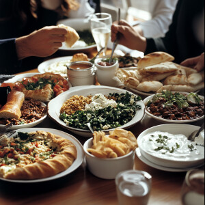 Close-up shot from above The table is full of traditional dishes...