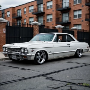 1963 white Chevrolet Impala,  heavily modified lowrider, spoke r...
