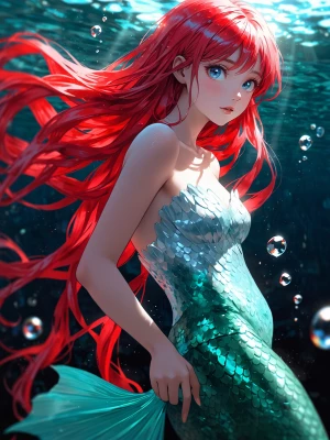 1girl, ruby colored hair, light blue eyes, princess dress, merma...