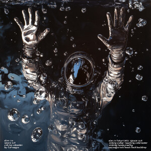 view from above aerial view "alien in a futuristic space suit si...