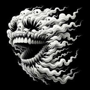 a ghost made of white teeth smoke in a black background"