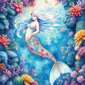 An ethereal mermaid-like entity, shimmering with opalescent scal...