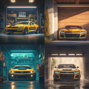 a yelloww chevrolet camaro is parked in a garage, a 3D render by...