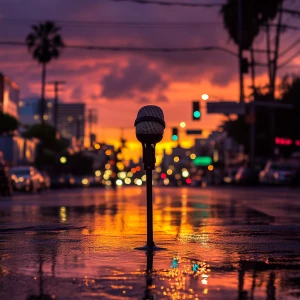 Create an image of a sunset in Los Angeles after a rain shower w...