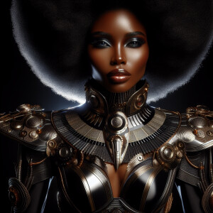 The image depicts a striking African woman in a full-body Wakand...